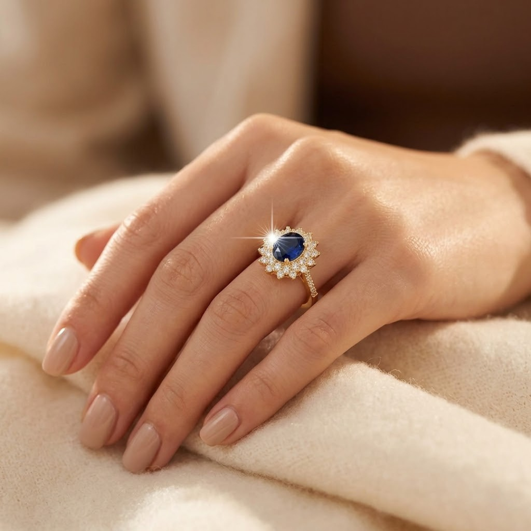 Anillo halo azul zafiro
