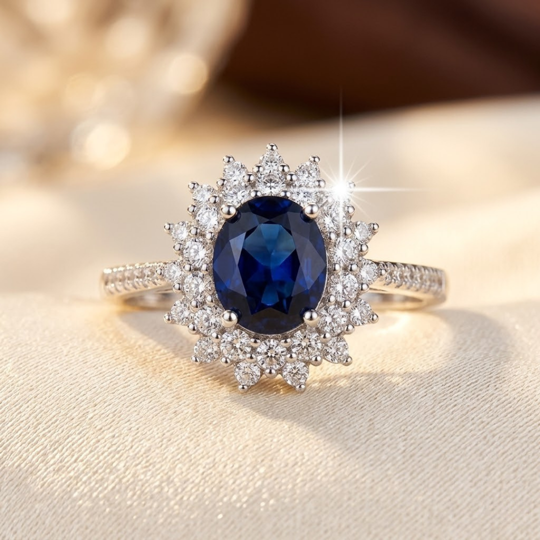 Anillo halo azul zafiro