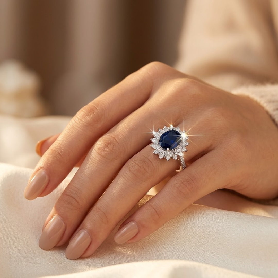 Anillo halo azul zafiro