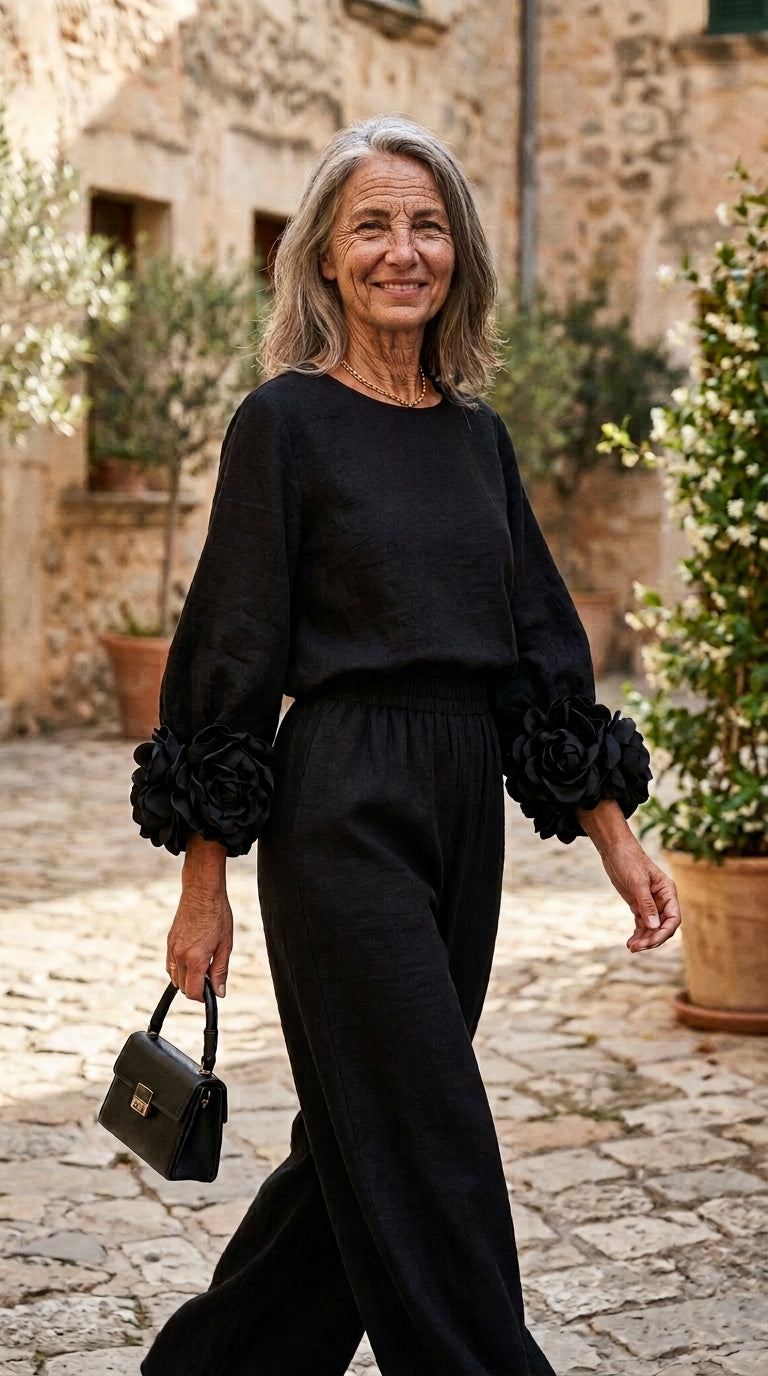 Top con Puños Florales y Pantalón Ancho