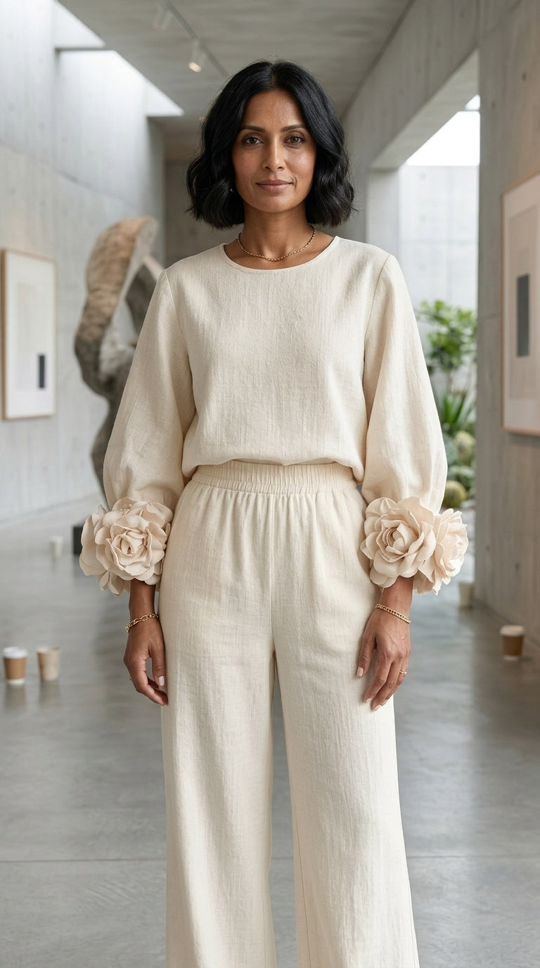 Top con Puños Florales y Pantalón Ancho