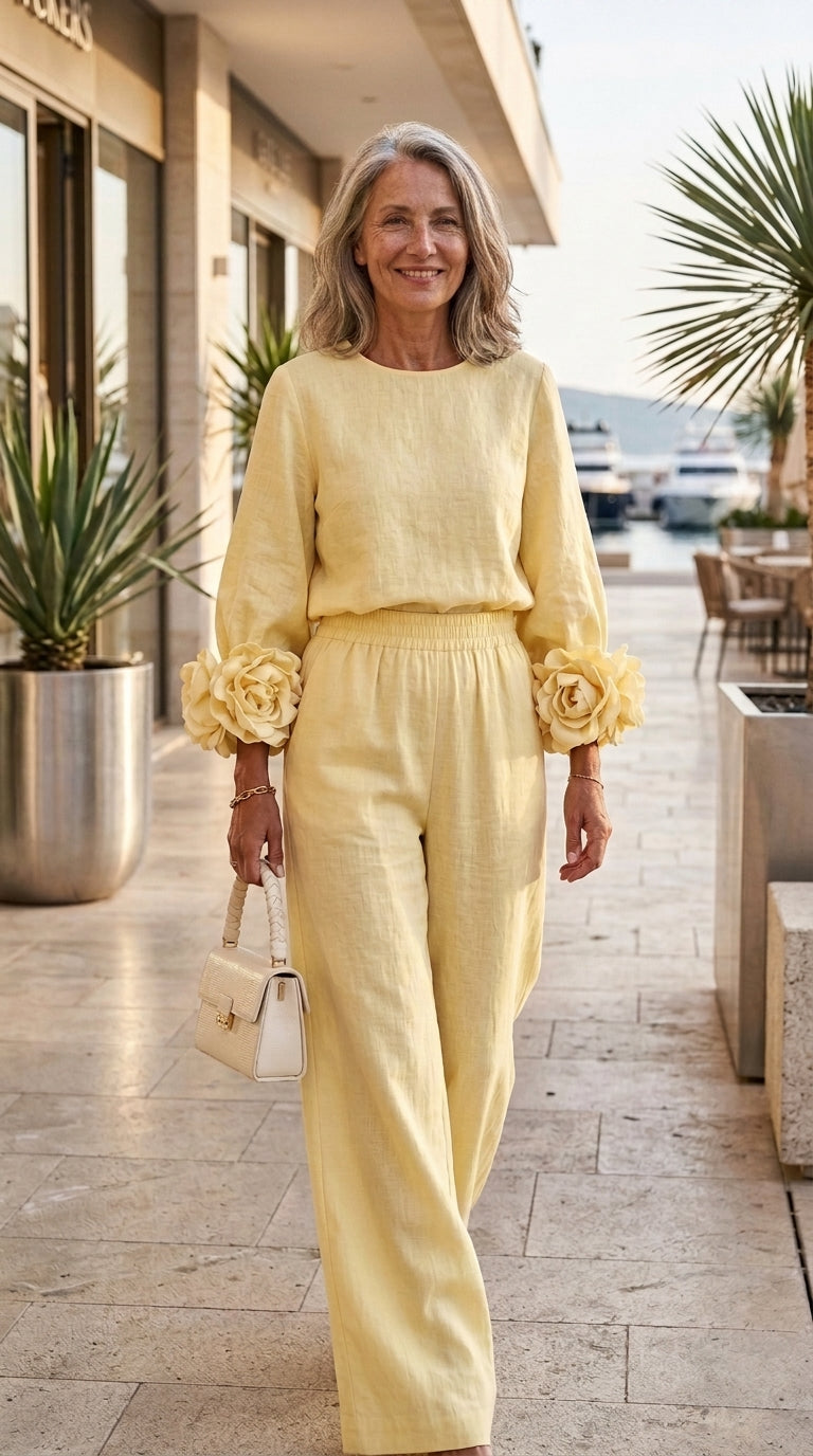 Top con Puños Florales y Pantalón Ancho