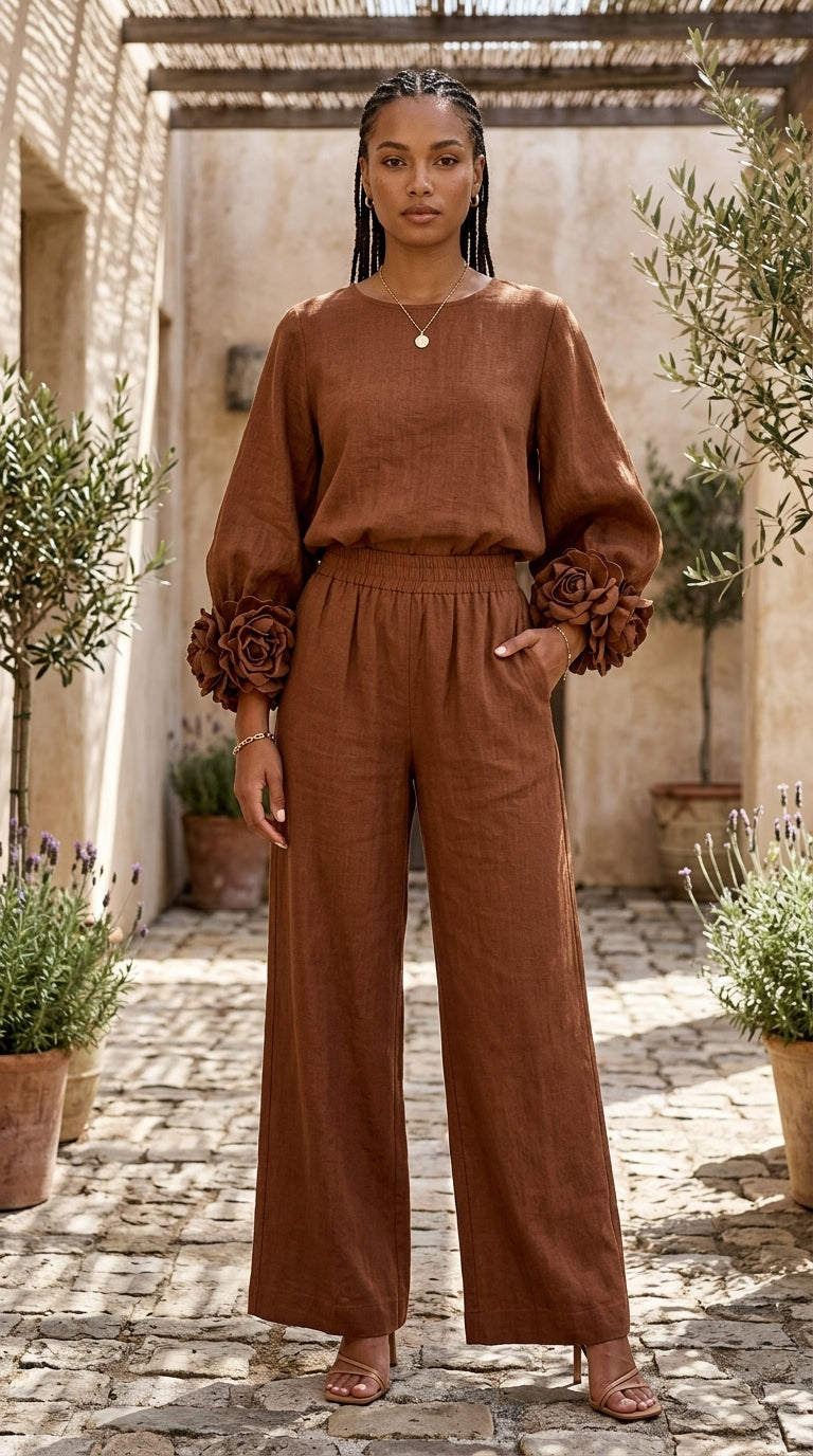 Top con Puños Florales y Pantalón Ancho