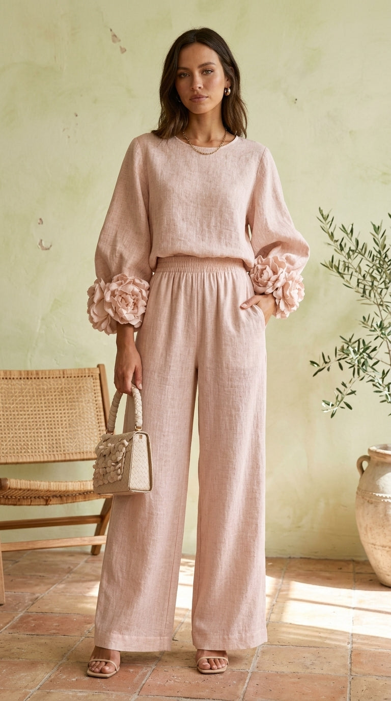 Top con Puños Florales y Pantalón Ancho